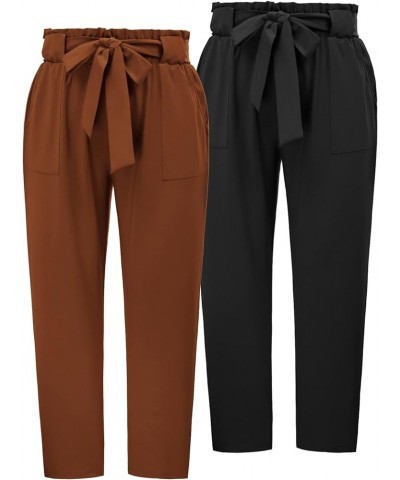 Women's Plus Size Cropped Paper Bag Waist Self-tie Belted Pants with Pockets Black+coffee $22.95 Pants