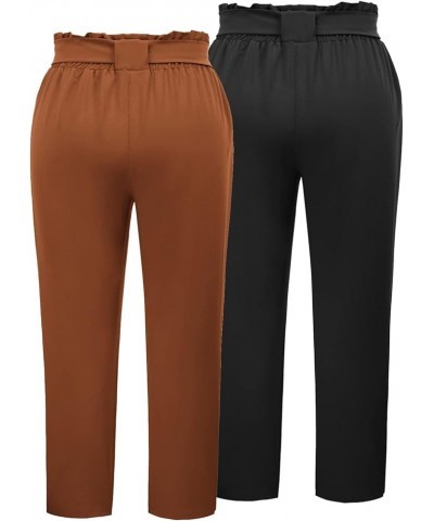 Women's Plus Size Cropped Paper Bag Waist Self-tie Belted Pants with Pockets Black+coffee $22.95 Pants