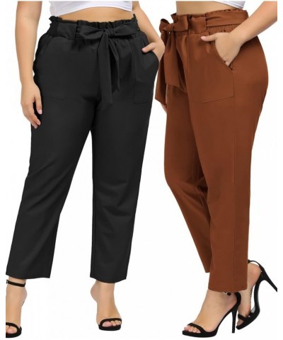 Women's Plus Size Cropped Paper Bag Waist Self-tie Belted Pants with Pockets Black+coffee $22.95 Pants