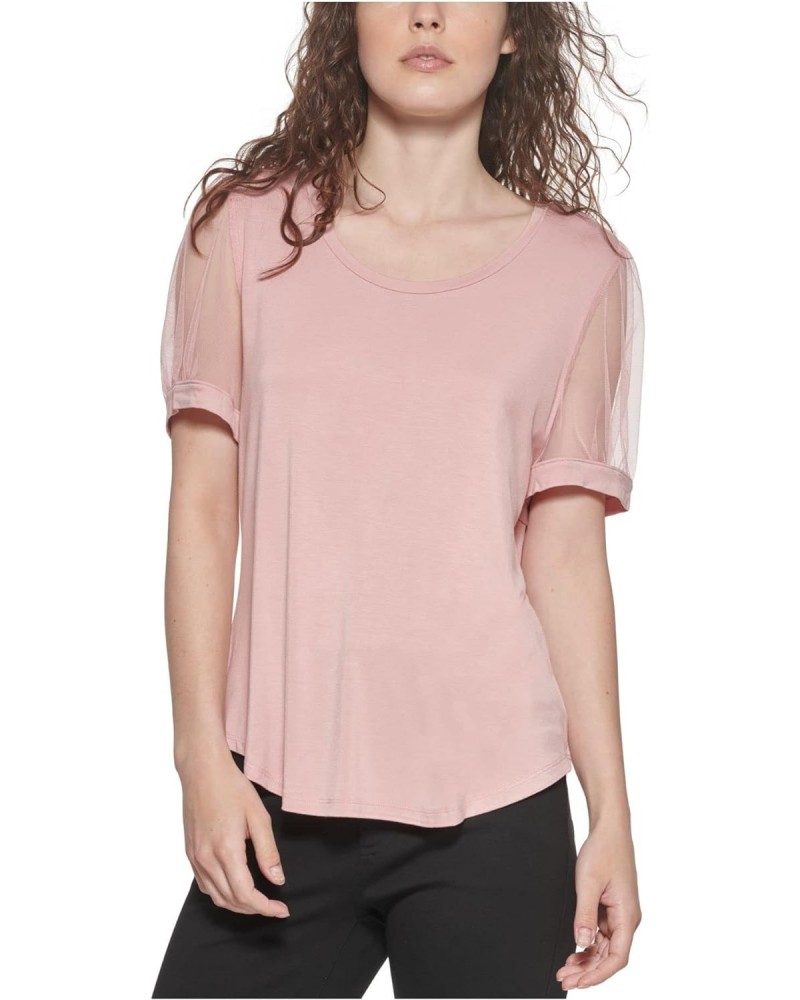 Womens Mixed Media Puff Sleeve T-Shirt Pink L $28.60 Tops