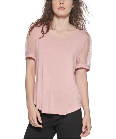 Womens Mixed Media Puff Sleeve T-Shirt Pink L $28.60 Tops