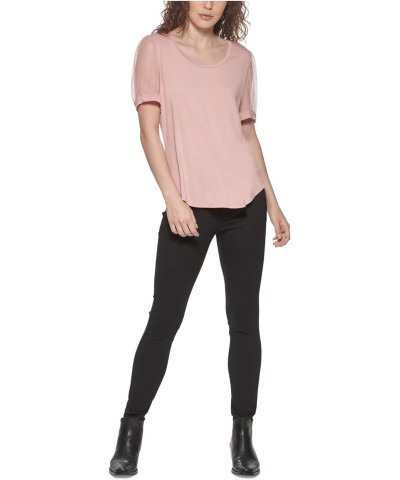 Womens Mixed Media Puff Sleeve T-Shirt Pink L $28.60 Tops