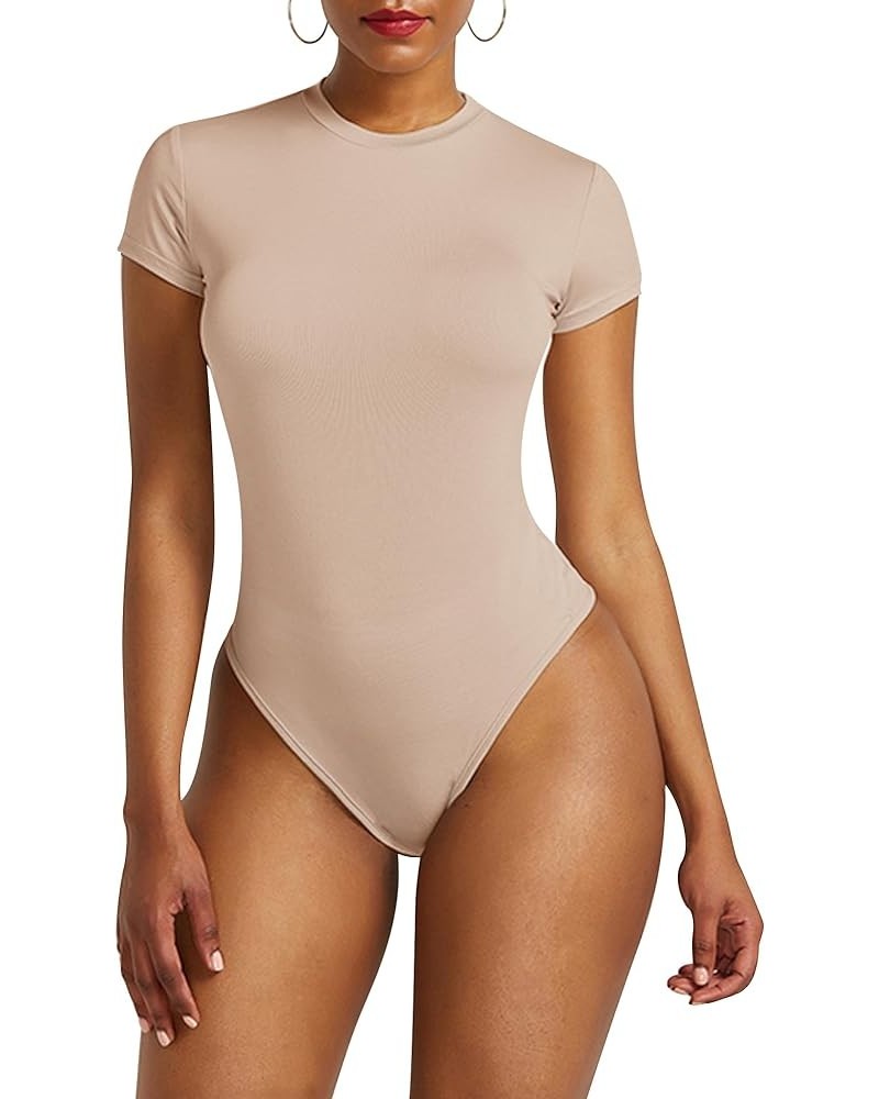 Women's Round Neck Short Sleeve Body Suits Women, Short Sleeve Body Suits Women Light Khaki $14.74 Bodysuits