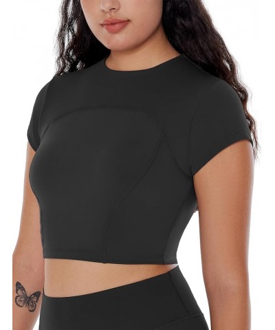 Crop Tops for Women Workout Yoga Shirts Mock Neck Fitted Short Sleeve Mild Support Cream Feeling Tee Built in Bra Black $16.7...