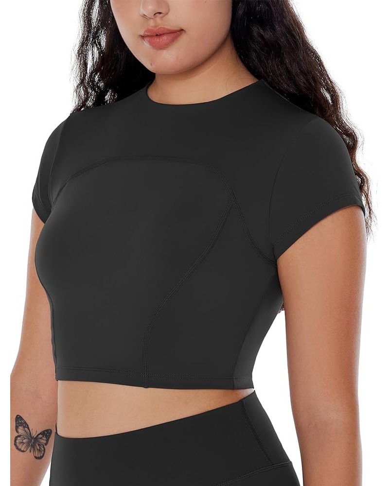 Crop Tops for Women Workout Yoga Shirts Mock Neck Fitted Short Sleeve Mild Support Cream Feeling Tee Built in Bra Black $16.7...