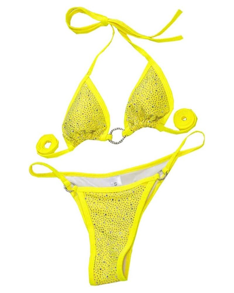 Women's Two Piece Rhinestone Sparkly Swimsuit Halter Swimwear String Triangle Bikini Sets DD787 Yellow $13.34 Swimsuits