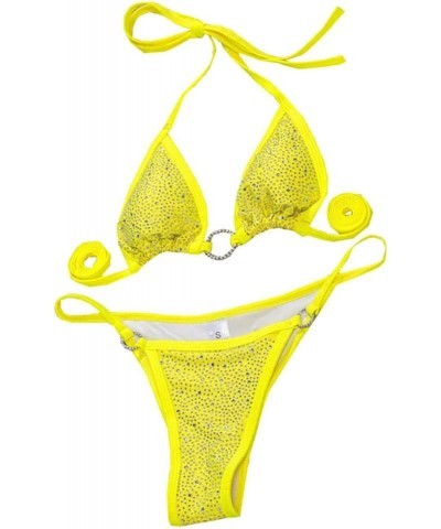 Women's Two Piece Rhinestone Sparkly Swimsuit Halter Swimwear String Triangle Bikini Sets DD787 Yellow $13.34 Swimsuits