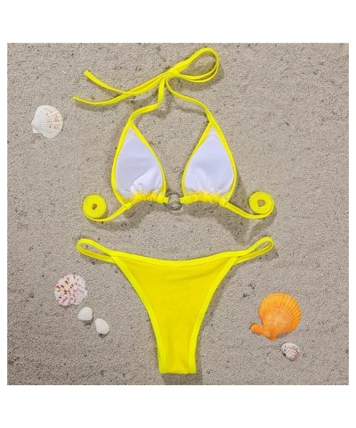 Women's Two Piece Rhinestone Sparkly Swimsuit Halter Swimwear String Triangle Bikini Sets DD787 Yellow $13.34 Swimsuits