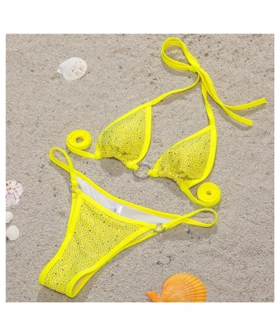 Women's Two Piece Rhinestone Sparkly Swimsuit Halter Swimwear String Triangle Bikini Sets DD787 Yellow $13.34 Swimsuits