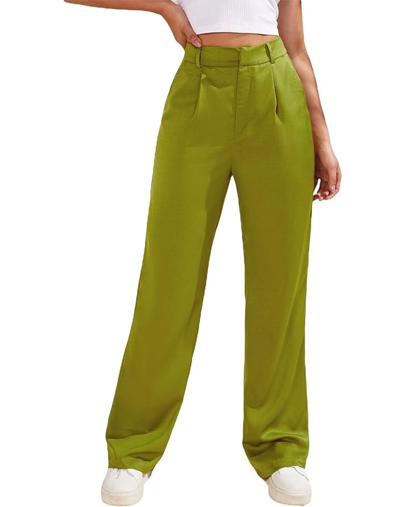 Women's Solid High Waist Workout Long Pants Office Trousers Lime Green $18.92 Pants