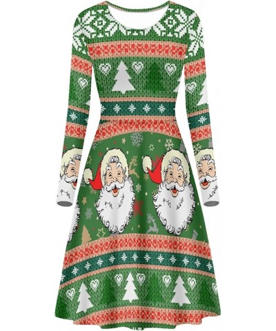 Women Long Sleeve A Line Flared Dress O Neck Swing Midi Skater Dresses Green Christmas Santa $10.60 Dresses