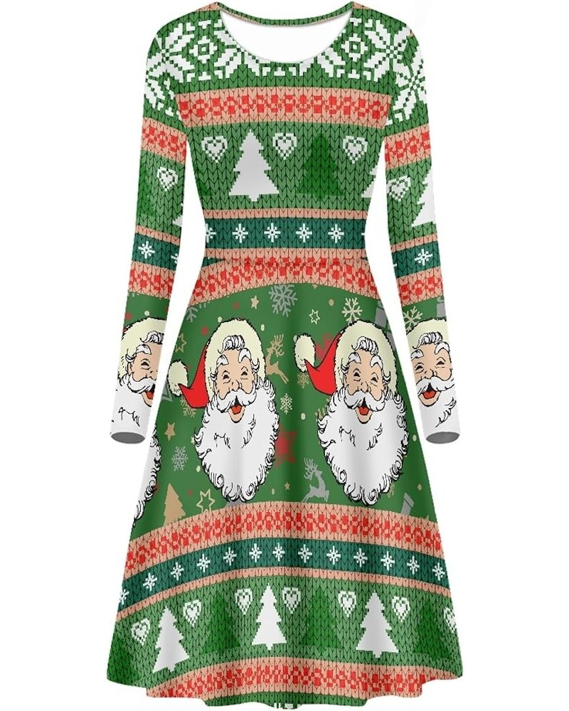 Women Long Sleeve A Line Flared Dress O Neck Swing Midi Skater Dresses Green Christmas Santa $10.60 Dresses