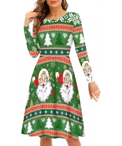 Women Long Sleeve A Line Flared Dress O Neck Swing Midi Skater Dresses Green Christmas Santa $10.60 Dresses