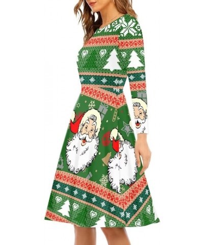 Women Long Sleeve A Line Flared Dress O Neck Swing Midi Skater Dresses Green Christmas Santa $10.60 Dresses