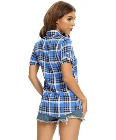 Women's Short Sleeve Plaid Button Down Shirt Button up Blouses Casual Summer Tops 3 Blue $12.90 Blouses