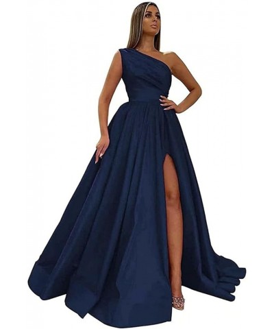 One Shoulder Prom Dresses Long Slit Satin A Line Evening Formal Gowns for Women Navy $40.27 Dresses