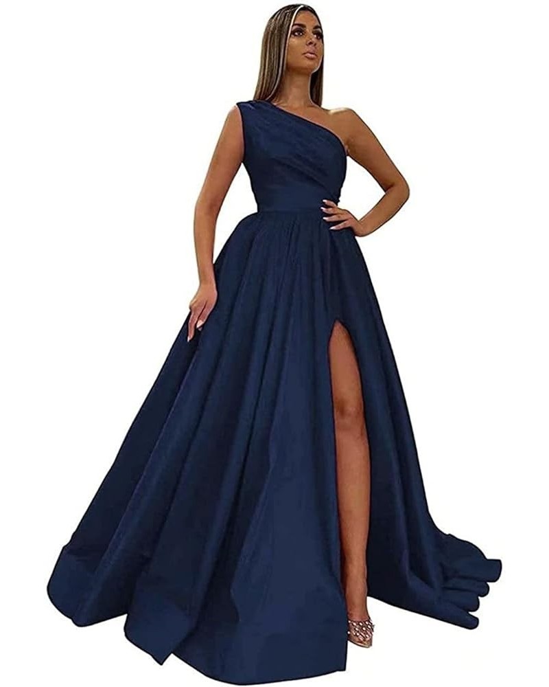 One Shoulder Prom Dresses Long Slit Satin A Line Evening Formal Gowns for Women Navy $40.27 Dresses