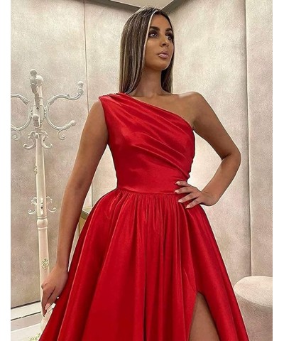 One Shoulder Prom Dresses Long Slit Satin A Line Evening Formal Gowns for Women Navy $40.27 Dresses