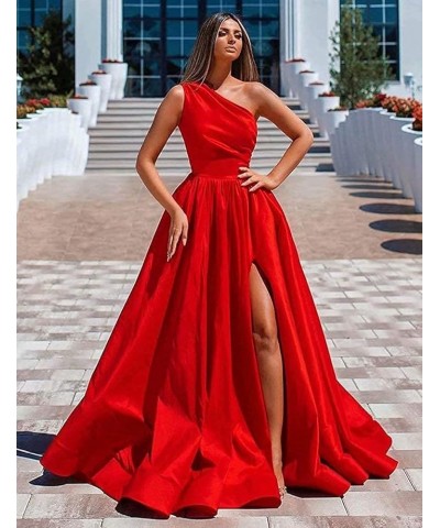 One Shoulder Prom Dresses Long Slit Satin A Line Evening Formal Gowns for Women Navy $40.27 Dresses