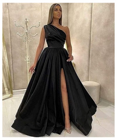 One Shoulder Prom Dresses Long Slit Satin A Line Evening Formal Gowns for Women Navy $40.27 Dresses