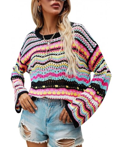 Rainbow Striped Cardigan for Women V Neck Sweater Colorful Crop Top Color Block Long Sleeve Cable Knit Plus Sweater Top Style...