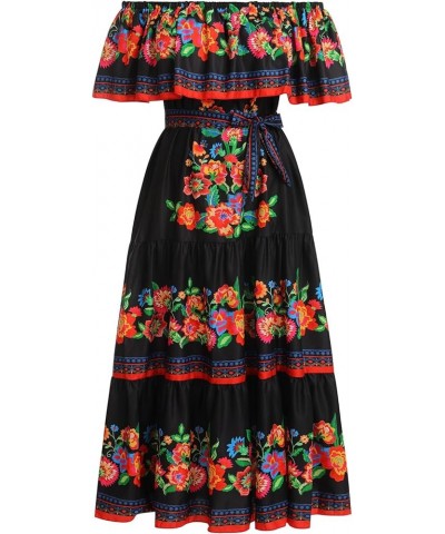 Women Off Shoulder Floral Mexican Dress Sleeveless Summer Beach Maxi Long Dress Traditional Dresses Black+red $23.75 Dresses