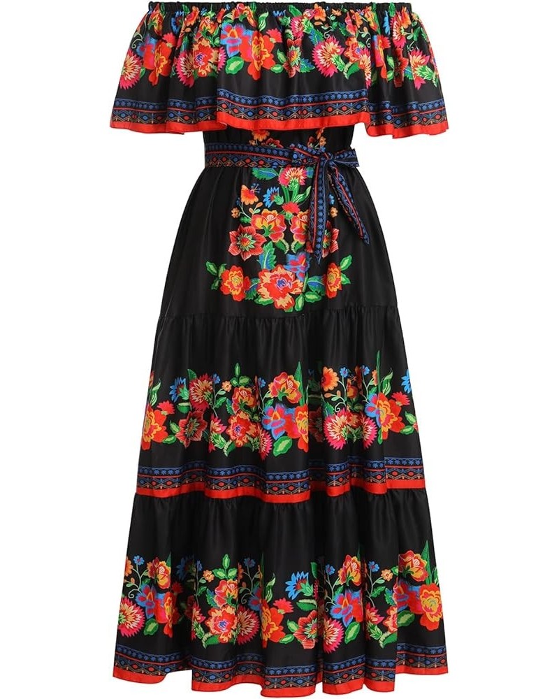 Women Off Shoulder Floral Mexican Dress Sleeveless Summer Beach Maxi Long Dress Traditional Dresses Black+red $23.75 Dresses