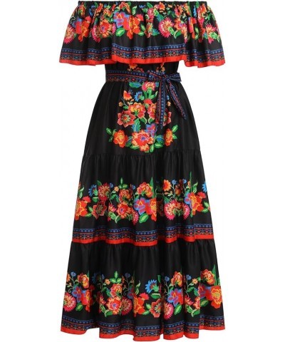 Women Off Shoulder Floral Mexican Dress Sleeveless Summer Beach Maxi Long Dress Traditional Dresses Black+red $23.75 Dresses