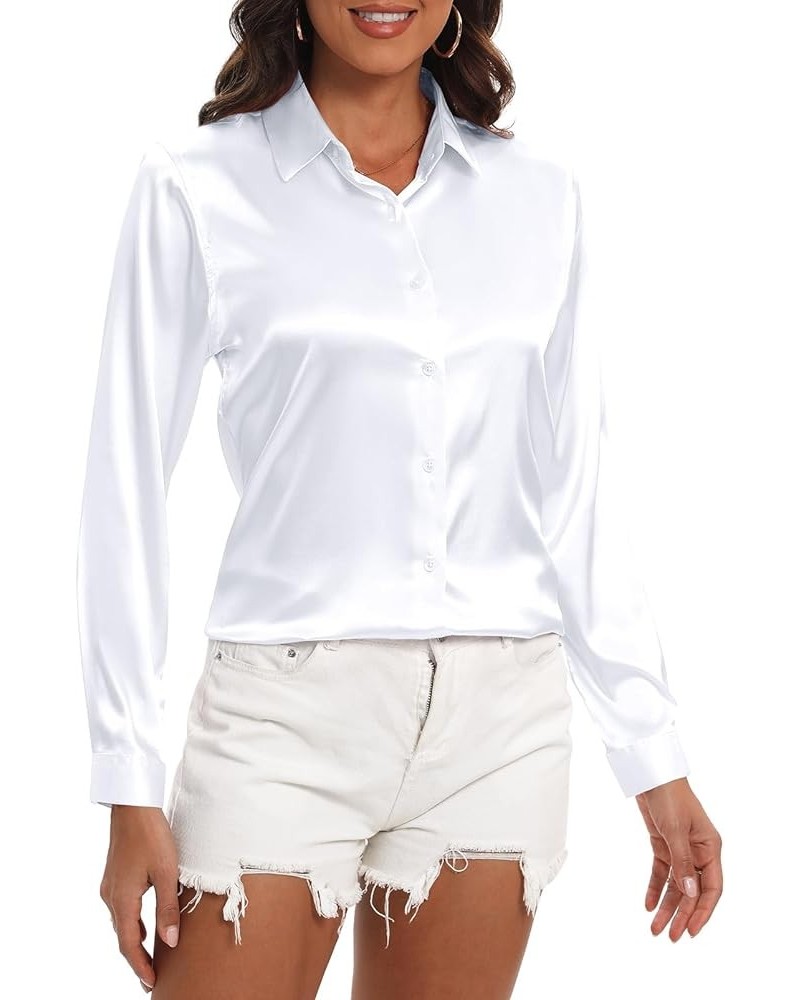 Womens Satin Button Down Shirt Business Casual Long Sleeve Silk Blouse Collared Curved Hem Slim Fit Office Work Tops White $1...