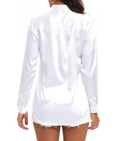 Womens Satin Button Down Shirt Business Casual Long Sleeve Silk Blouse Collared Curved Hem Slim Fit Office Work Tops White $1...