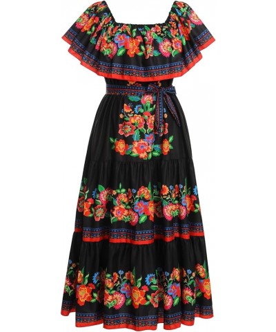 Women Off Shoulder Floral Mexican Dress Sleeveless Summer Beach Maxi Long Dress Traditional Dresses Black+red $23.75 Dresses