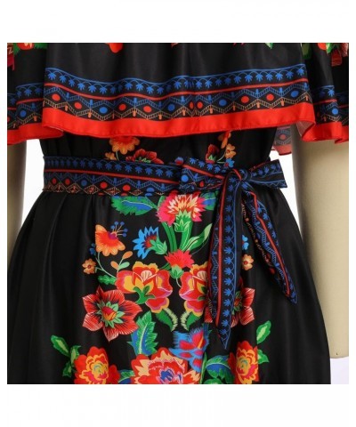 Women Off Shoulder Floral Mexican Dress Sleeveless Summer Beach Maxi Long Dress Traditional Dresses Black+red $23.75 Dresses