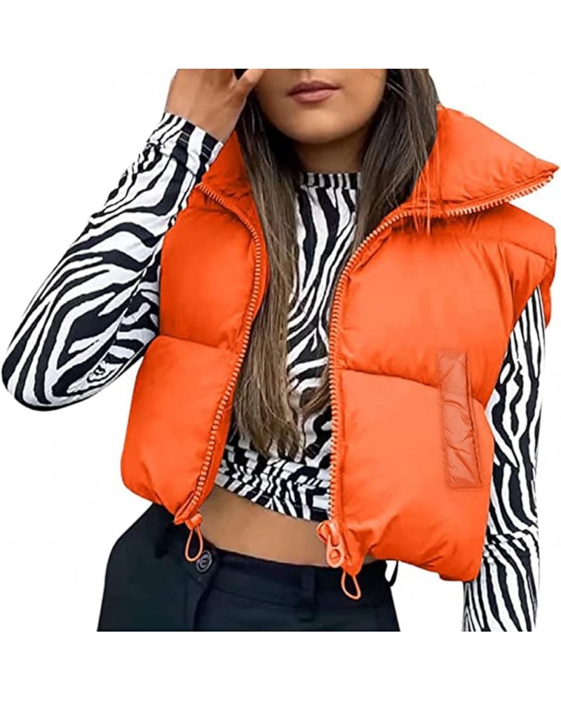 Women's Winter Crop Puffer Vest Stand Collar Sleeveless Lightweight Warm Outerwear Puffy Padded Zip Up Gilet Orange $11.20 Vests