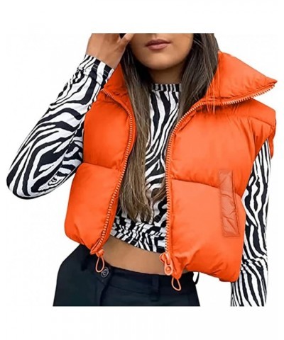 Women's Winter Crop Puffer Vest Stand Collar Sleeveless Lightweight Warm Outerwear Puffy Padded Zip Up Gilet Orange $11.20 Vests