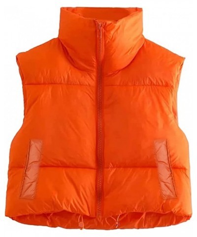 Women's Winter Crop Puffer Vest Stand Collar Sleeveless Lightweight Warm Outerwear Puffy Padded Zip Up Gilet Orange $11.20 Vests