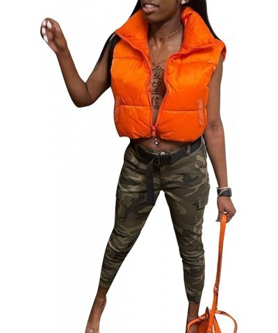 Women's Winter Crop Puffer Vest Stand Collar Sleeveless Lightweight Warm Outerwear Puffy Padded Zip Up Gilet Orange $11.20 Vests