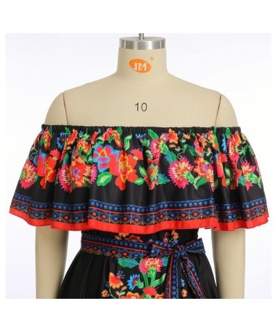 Women Off Shoulder Floral Mexican Dress Sleeveless Summer Beach Maxi Long Dress Traditional Dresses Black+red $23.75 Dresses