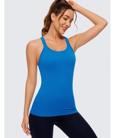 Womens Seamless Ribbed Racerback Tank Tops with Built in Bra - Padded Scoop Neck Slimming Athletic Long Camisole Sparkle Blue...