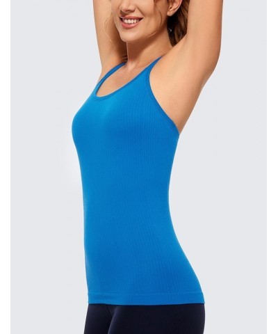 Womens Seamless Ribbed Racerback Tank Tops with Built in Bra - Padded Scoop Neck Slimming Athletic Long Camisole Sparkle Blue...