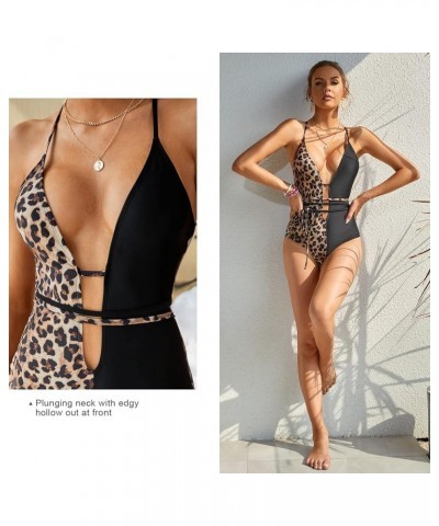 Women's One Piece Plunge Skinny Straps Swimsuit Criss Cross Tie Knot Front Bathing Suit Deep V Open Back Swimwear Classic Leo...