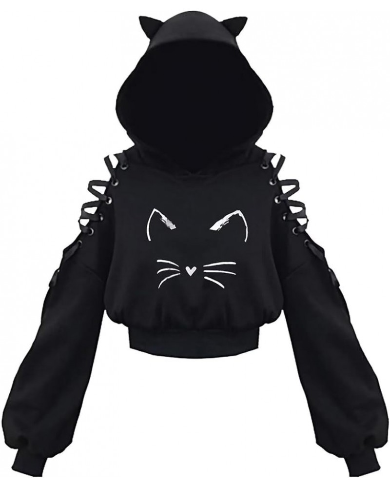 Womens Cat Ear Hoodie Sweatshirt Long Sleeve Sweater Off Shoulder Cat Cute Crop Top Hoodies Pullover Black 14 $12.55 Hoodies ...