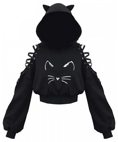 Womens Cat Ear Hoodie Sweatshirt Long Sleeve Sweater Off Shoulder Cat Cute Crop Top Hoodies Pullover Black 14 $12.55 Hoodies ...