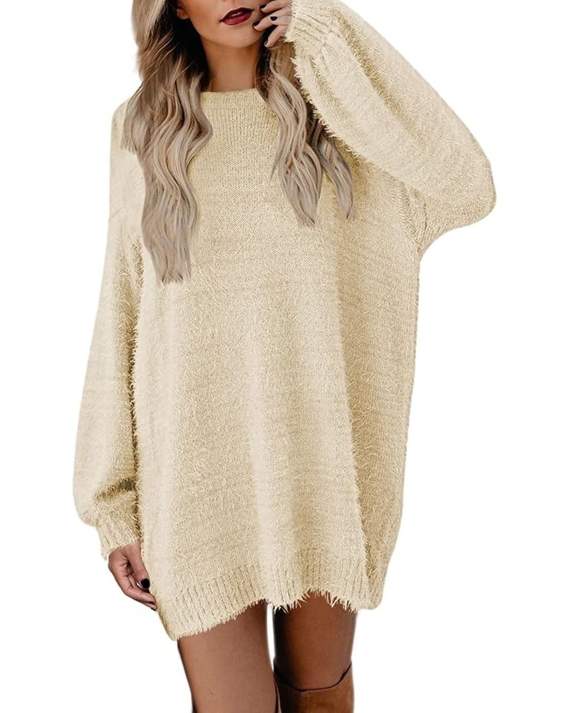 Women's Furry Pullover Sweater Dress Loose Oversized Long Knitted Tops Beige $20.71 Sweaters