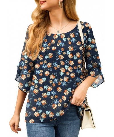 Womens Casual Scoop Neck Dressy Blouses 3/4 Sleeve Business Work Blouse Tops 11 Yellow Flower Navy Blue $17.97 Blouses