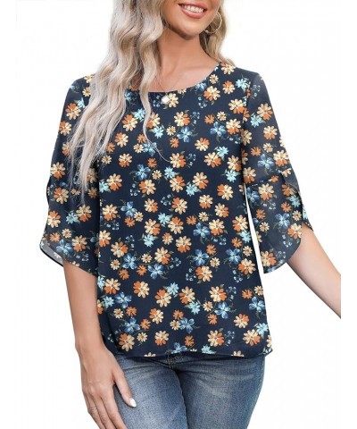 Womens Casual Scoop Neck Dressy Blouses 3/4 Sleeve Business Work Blouse Tops 11 Yellow Flower Navy Blue $17.97 Blouses