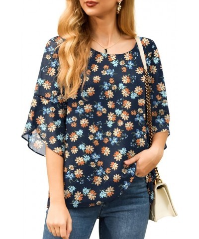 Womens Casual Scoop Neck Dressy Blouses 3/4 Sleeve Business Work Blouse Tops 11 Yellow Flower Navy Blue $17.97 Blouses