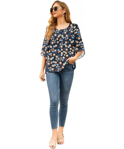 Womens Casual Scoop Neck Dressy Blouses 3/4 Sleeve Business Work Blouse Tops 11 Yellow Flower Navy Blue $17.97 Blouses