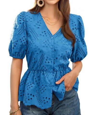 Women Blouses Button Up Puffed Short Sleeve Elastic Waist Shirt Double Layer Tops with Cotton Lining Denim Blue $21.83 Blouses