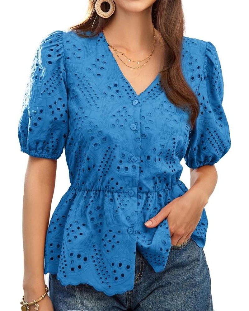 Women Blouses Button Up Puffed Short Sleeve Elastic Waist Shirt Double Layer Tops with Cotton Lining Denim Blue $21.83 Blouses