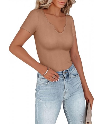 Womens Tops V Neck Short Sleeve Fitted T Shirts Summer Casual Tops Khaki $10.59 T-Shirts